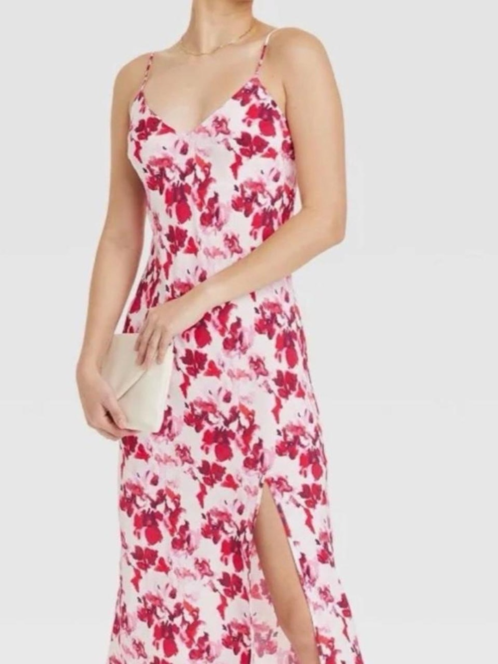 A new day Pink Slip Dress with Red Floral Print and Side Slit